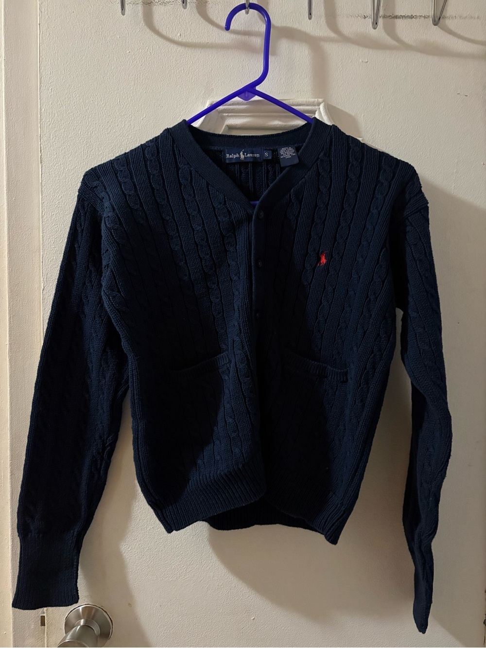 VTG Ralph Lauren Women’s Small Cable-Knit Cotton V-Neck Cardigan Sweater - Navy
